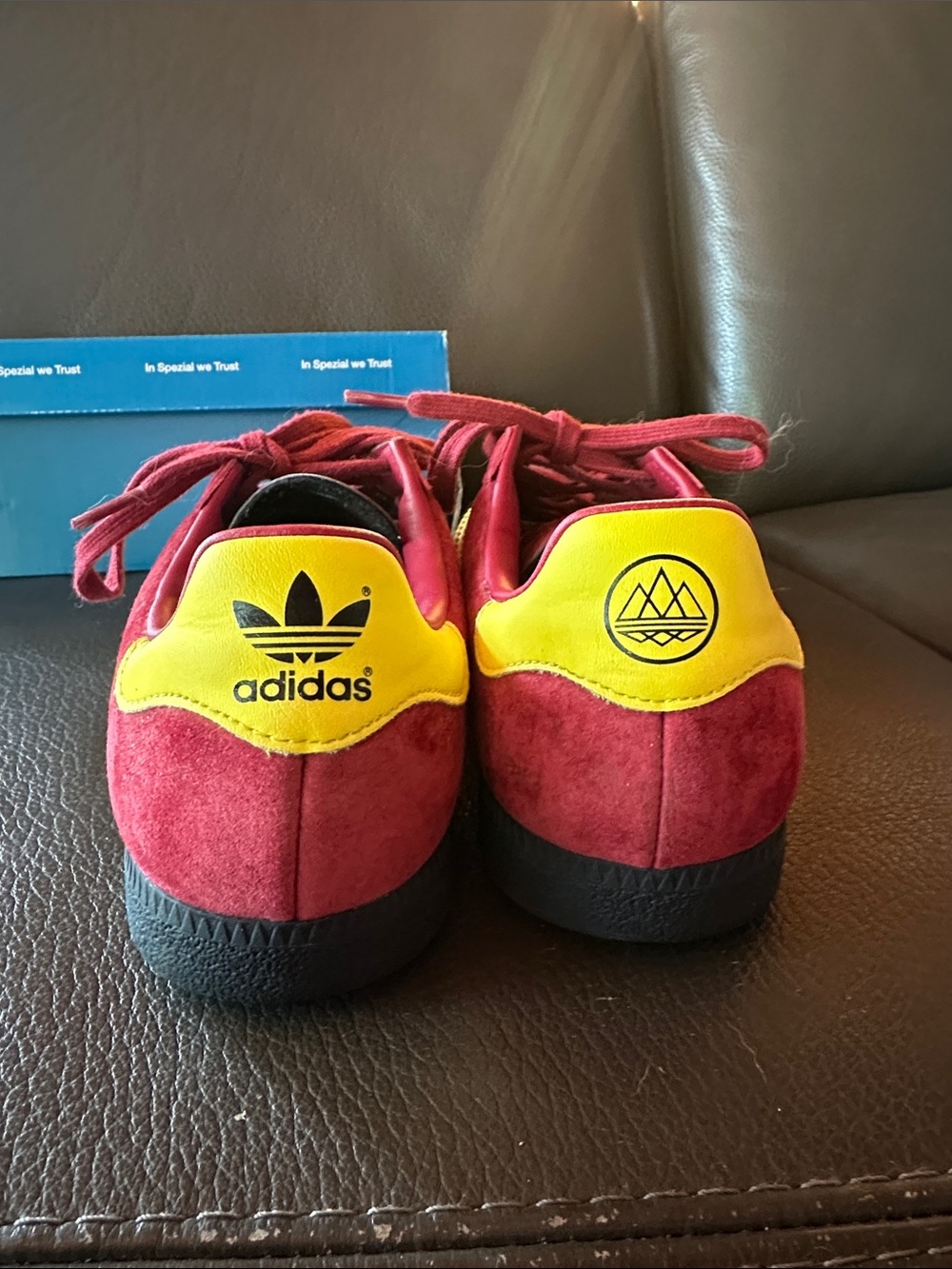 adidas Men’s Warszawa Suede Sneakers in Burgundy with Yellow Stripes - Picture 2 of 6